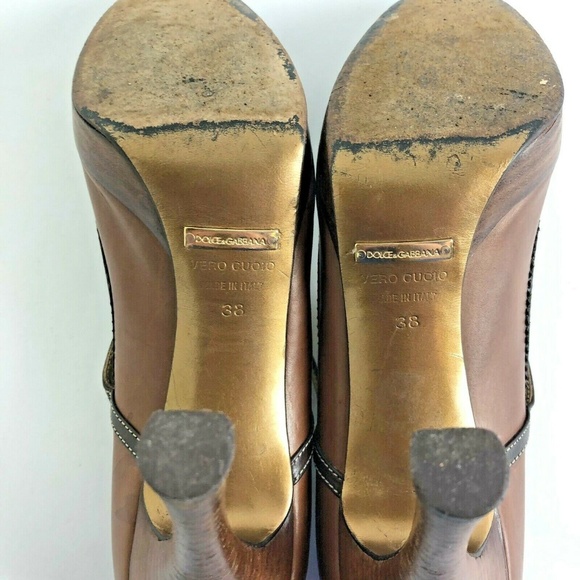 Dolce Gabbana 38 Two Tone Brown Leather Heels Wood - Picture 8 of 8